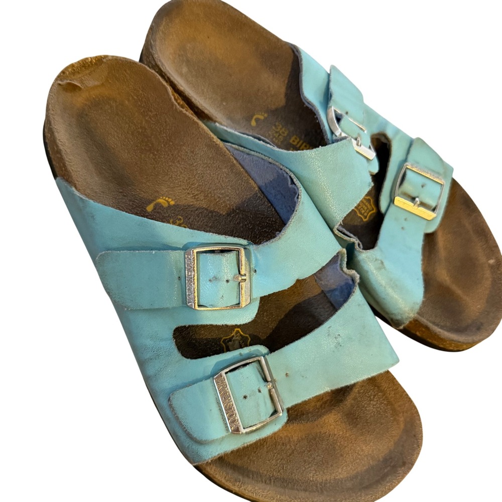 Birkenstock Arizona Light Blue Leather Two Strap Sandals Womens 38 L7 M5